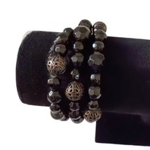 Black Glass Beaded Bracelet Memory Wire Wrap Multi Strand Faceted Goth Witchcore - £13.29 GBP