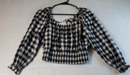 Beyond The Radar Blouse Top Womens Large Black White Plaid Cotton Ruched Bottom - £14.26 GBP