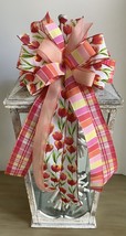 1 Pcs Pink Yellow Orange Plaid &amp; Floral Easter Wired Wreath Bow 10 Inch ... - £30.83 GBP