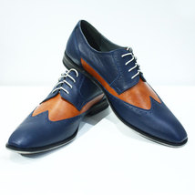 Oxford Blue Orange Wing Tip Rounded Toe Handmade Magnificiant Leather Men Shoes - £130.26 GBP