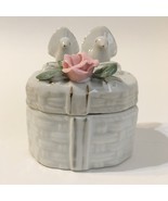 Pink Rose Dove Trinket Box Birds Bow Flower Jewelry Treasure White Porce... - $24.00