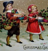 Victorian Christmas Postcard Children Antique Embossed Germany 1911 Vintage - £19.36 GBP