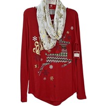 Red Merry Christmas Tunic Shirt with Scarf Deer Snowflakes Sz Small Top NEW - £9.40 GBP