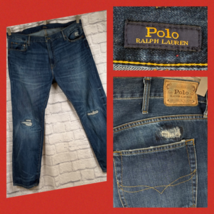 Polo Ralph Lauren Hampton Relaxed Straight Denim Dark Jeans 42Bx32 Distressed - £49.74 GBP