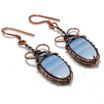 Blue Opal Gemstone Copper Wire Wrap Drop Dangle Earrings Jewelry 2.10&quot; SA 90 - £3.98 GBP