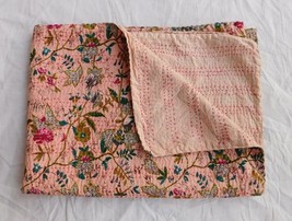 Pink Floral Print Kantha Quilt Indian Handmade Bedspread Vintage Cotton Queen Ka - £38.36 GBP+