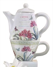 Tea For One Set Floral Teapot Mother Sentiment White Ceramic 7.4" High Flowers  image 1