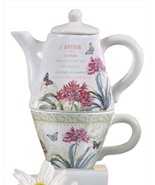 Tea For One Set Floral Teapot Mother Sentiment White Ceramic 7.4&quot; High F... - £21.79 GBP