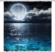 WANVYON Sea Moon Shower Curtain Full Moon Ocean Clouds Tranquil Blue Sea Surface - £25.86 GBP