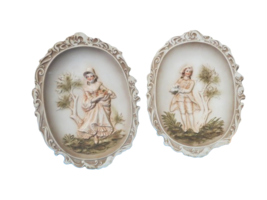 Vintage Lefton Hand Painted Bisque 3D Wall Plaque Set Of 2 KW115 8.5&quot;T x 6&quot;W - £25.26 GBP