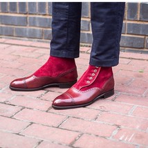 Red Maroon High Ankle Party Wear Cap Toe Stylish Men Button Handmade Boots - £125.81 GBP