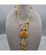 Boho Yellow Cord Necklace Imitation Amber Disc Pendant Bead Chips - $380.59 MXN