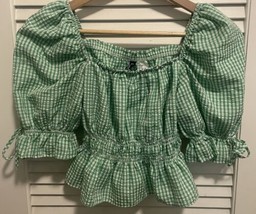 Crop Top Checkered Green/White Puff Sleeves Cottage Core Size XS - £18.36 GBP