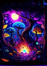 59&quot;x79&quot; Black LT Tapestry Mushrooms Neon Forest Moon Glow Color Art Wall Hanging - £13.96 GBP