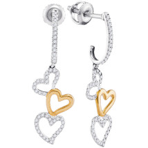10k Two-tone White Gold Womens Round Diamond Dangling Triple Heart Earrings 1/4 - £288.73 GBP