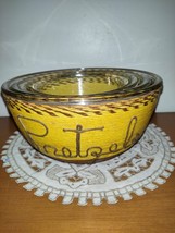 Midcentury Yellow and Brown Twine Rope Nesting Glass Stacking Snack Bowl... - $44.55