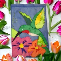 VTG  Garden Flag 11&quot; x 16&quot; Hummingbird Flower Blue Green Embroidery Spring - £4.08 GBP