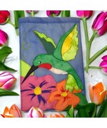 VTG  Garden Flag 11&quot; x 16&quot; Hummingbird Flower Blue Green Embroidery Spring - £4.28 GBP
