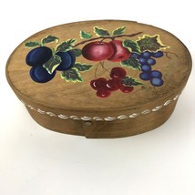 Vtg Wood Box Hand Made Handpainted Trinket Jewelry Fruits Folk Art Apple Cherry - £23.72 GBP