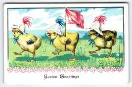 Easter Postcard Baby Chicks Wearing Hat Marching Flag Anthropomorphic Fantasy - £19.87 GBP