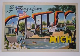 Greetings From Cadillac Michigan Large Big Letter Postcard Linen Boats Lake Flag - £11.84 GBP