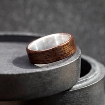 Handcrafted Mens Dark Smoked Eucalyptus Woodband Ring with 925 Sterling Silver - £205.42 GBP