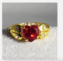 Gold Red Heart Gemstone Ring Size 6 7 8 9 10 - £32.07 GBP