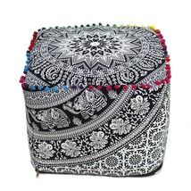 22&quot; Indian Cotton Square Pouf Cover Black White Mandala Ottoman Foot Stool Cover - £15.39 GBP