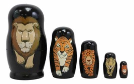 Safari Lion Tiger Cheetah Jaguar Tabby Cat Wooden Nesting Dolls Toy 5-Pc Set - £18.35 GBP