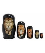 Safari Lion Tiger Cheetah Jaguar Tabby Cat Wooden Nesting Dolls Toy 5-Pc... - £18.08 GBP
