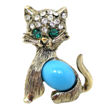 Cute Cat Brooch with Green Rhinestones & Turquoise Color Belly 1" - £21.35 GBP