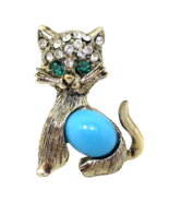 Cute Cat Brooch with Green Rhinestones &amp; Turquoise Color Belly 1&quot; - £21.20 GBP