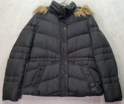 Kenneth Cole Puffer Jacket Womens Medium Black Down Faux Fur Hood Snap Z... - $32.33