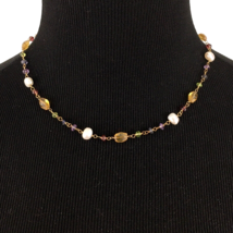 14K gold gemstone pearl bead necklace - colorful semiprecious stone rosary link - £90.24 GBP