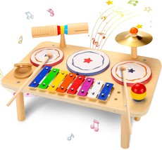 Kids Drum Set, Baby Musical Instruments Toys For Toddlers, 9 In 1 Wooden - £35.09 GBP