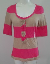 NEW Old Navy Pink Tan Striped Ruffle Front Shirt Top Size Medium Brown - £11.03 GBP