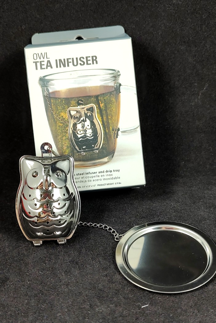 Owl Shaped Loose Tea Infuser Stainless Steel with Chain &amp; Drip Tray NIB - $5.89