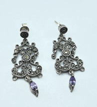 Vintage Sterling Silver Marcasite Amethyst Dangle Post Earrings Signed 9... - $25.74