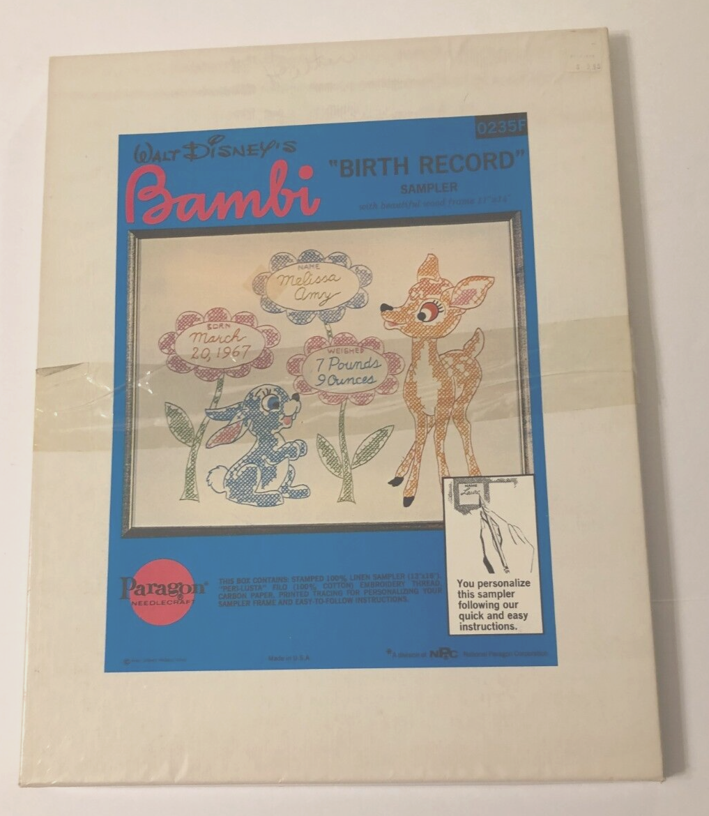Paragon Needlecraft Vintage 70s Walt Disney's Bambi Birth Record Sampler 0235F - $8.60