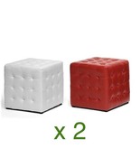 2 Modern White or Red Faux Leather Tufted Cube Ottomans Foot Stools Desi... - $152.01 CAD