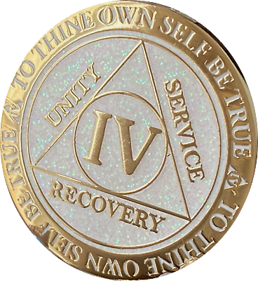4 Year AA Medallion Reflex White Glitter Gold Alcoholics Anonymous Sobriety Chip