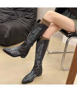 Embroidered Point Toe Block Heels Boots - $128.96 CAD
