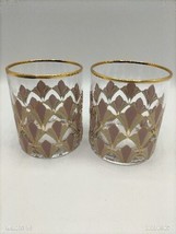 2 Gable Art Deco Double Old Fashion Barware Drinking Glass Fan Pink W/Go... - $17.82