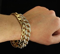 Mens 2pc CZ Bracelet Set Cuban Links 14k Gold Plated Hip Hop Fashion - £9.71 GBP