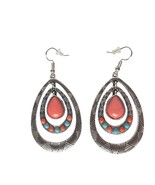 Boho Teardrop Dangle Earrings Coral Turquoise Beads Silver Tone Southwes... - €17,82 EUR