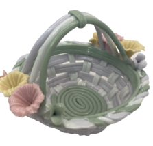 Vintage Porcelain Woven Basket with Flowers Green - $16.14