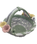 Vintage Porcelain Woven Basket with Flowers Green - $16.14