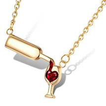 Love Wine Bottle &amp; Glass Pendant Necklace with Cubic Zirconia in Golden Color - £14.79 GBP