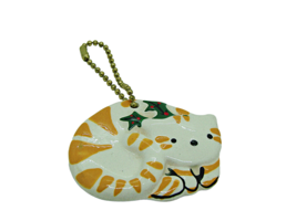 Ceramic Tabby Cat Hanging Christmas Ornament/Keychain Yellow White Green... - $12.57
