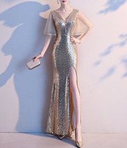 Deep-V Gold Sequin Dress Gown Women Plus Size High Split Sequin Maxi Dress image 4